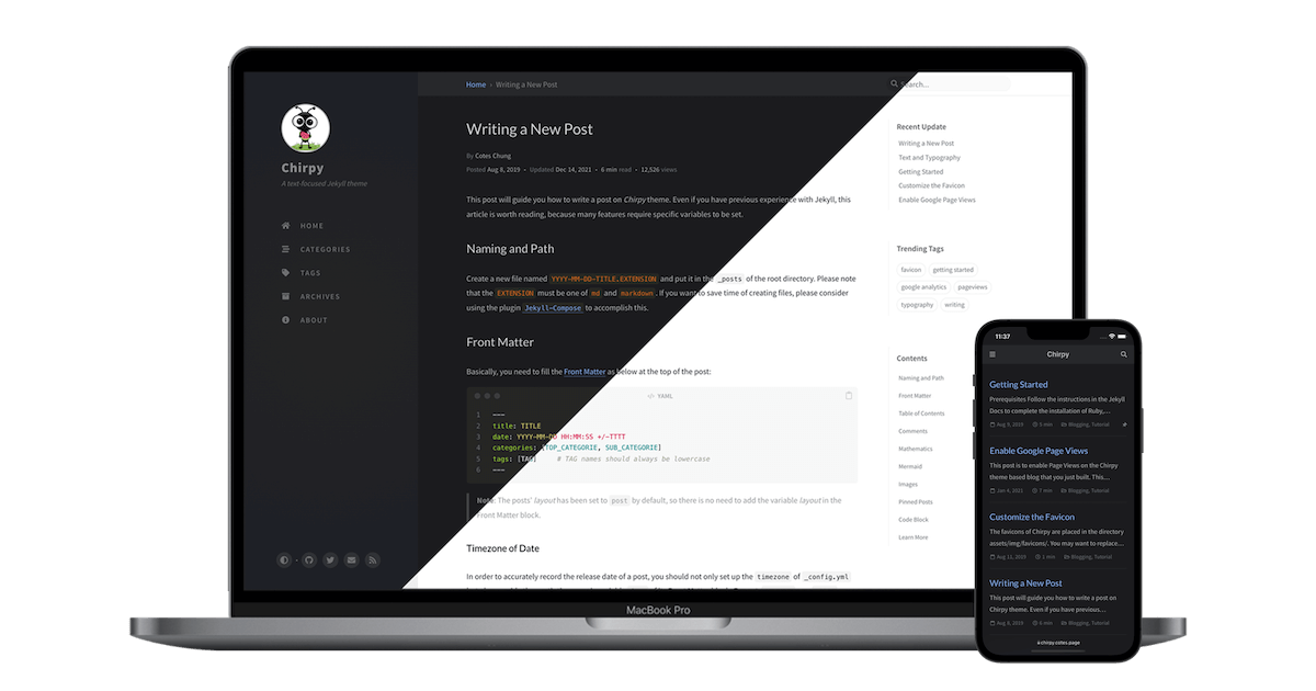 在多种设备上对 Chirpy 主题进行响应式渲染。